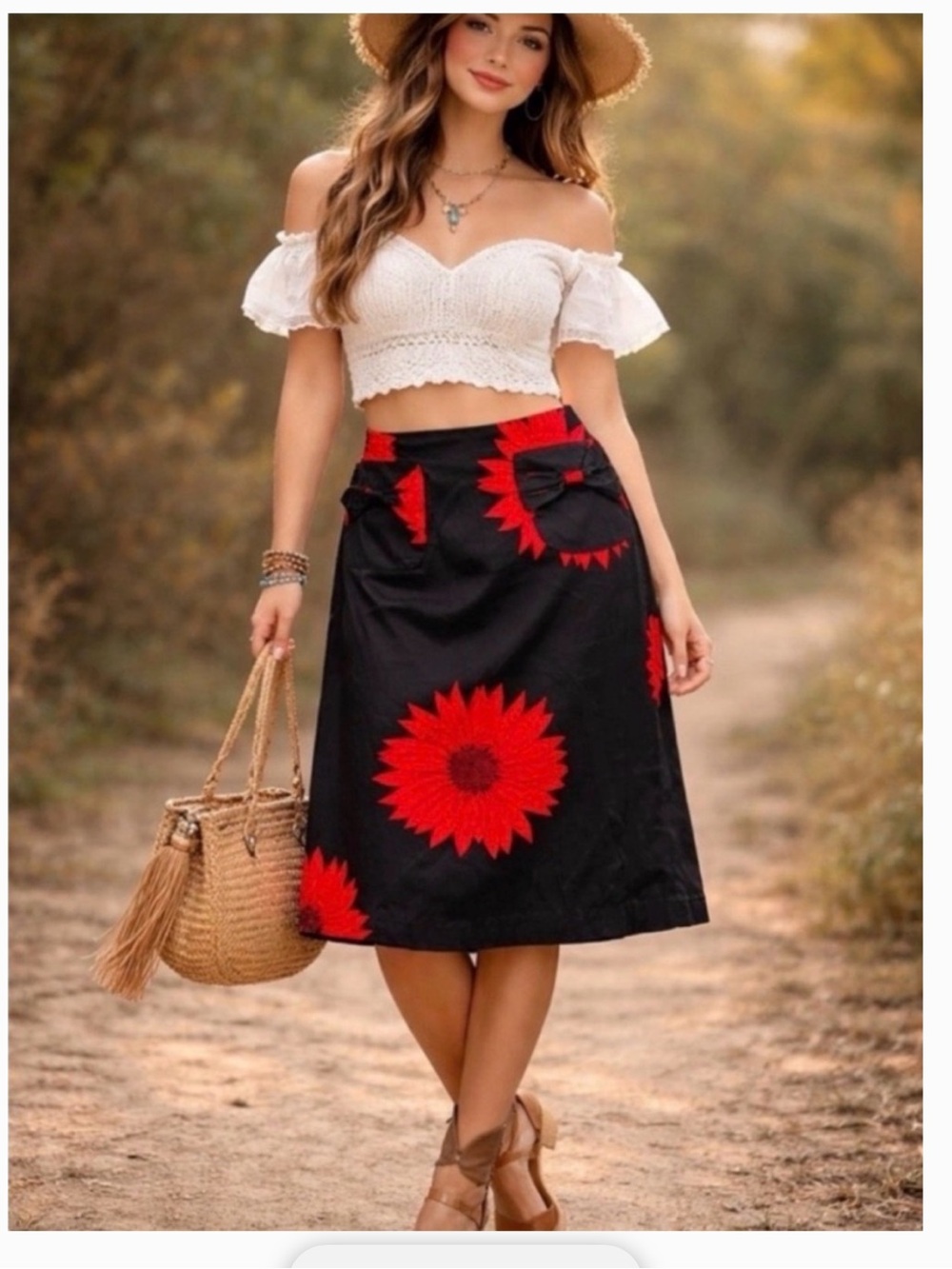 Grace Dane Lewis Black A-Line Skirt with Red Floral Accents Size 6 New